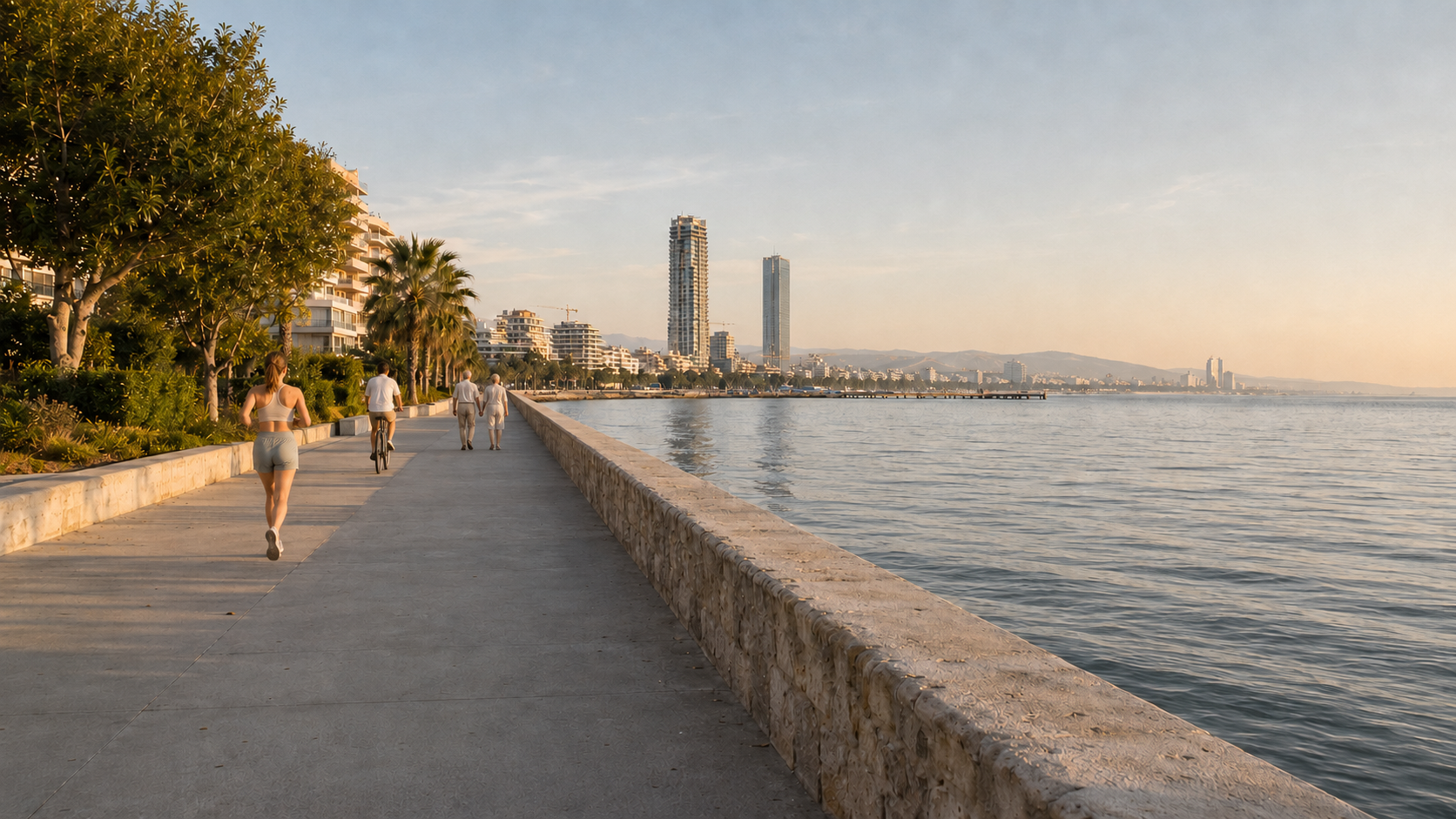 The Limassol promenade at low sun, the sea wall on one side and the towers of the seafront ahead
