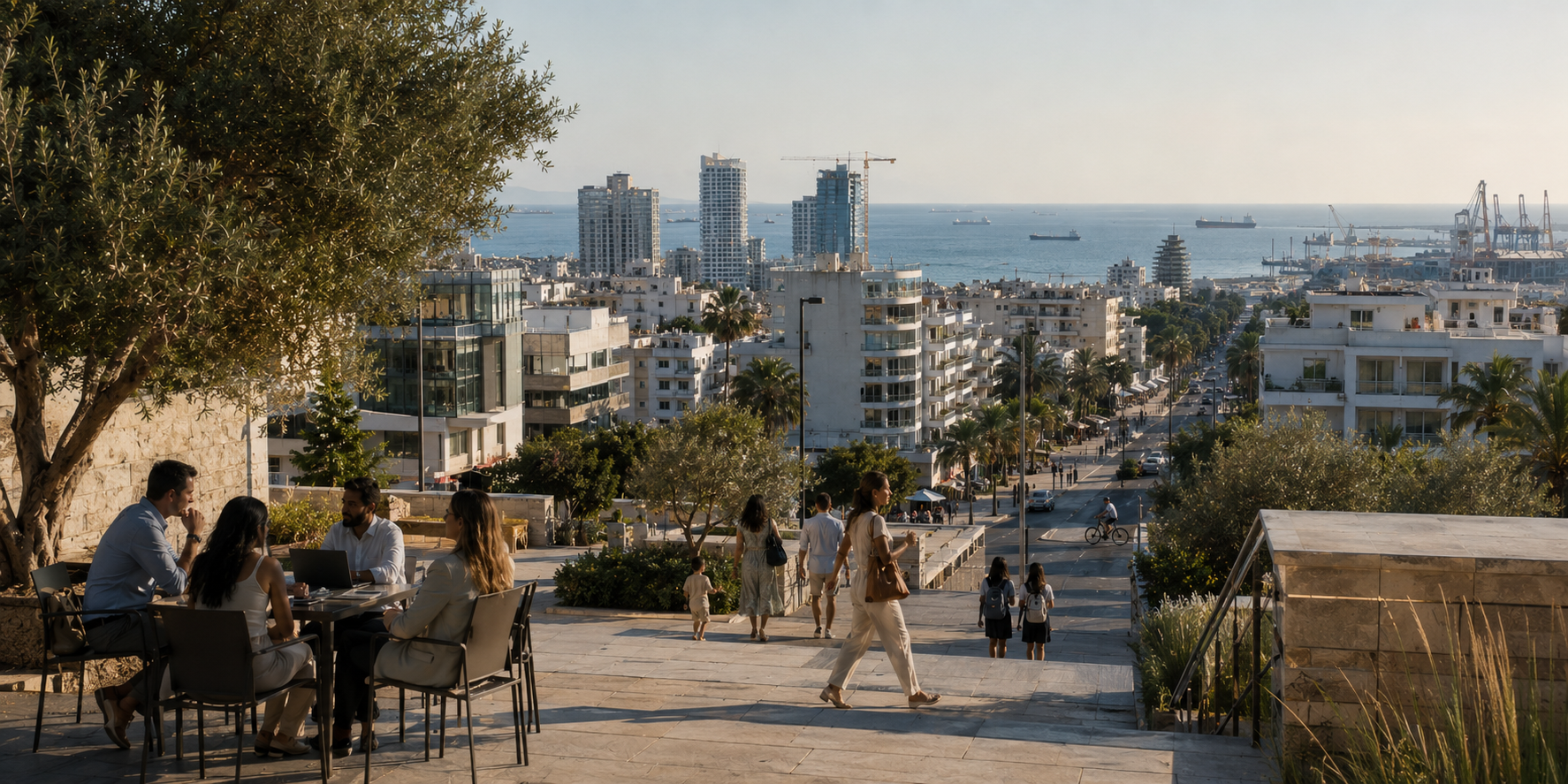 People meeting on a stone terrace above Limassol, with the city and the sea in the distance