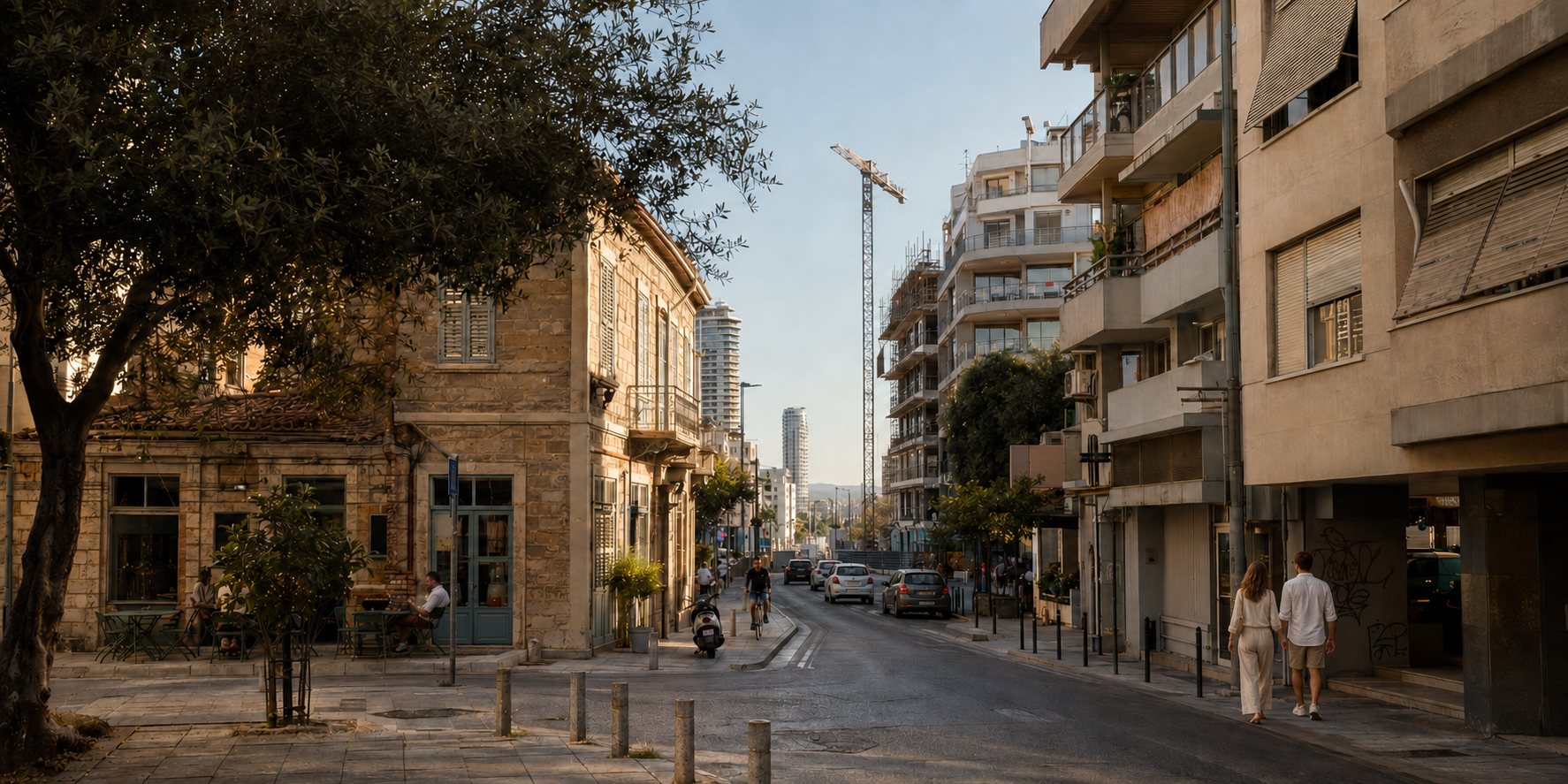 A Limassol street where a stone-built corner house stands opposite new apartment blocks under construction