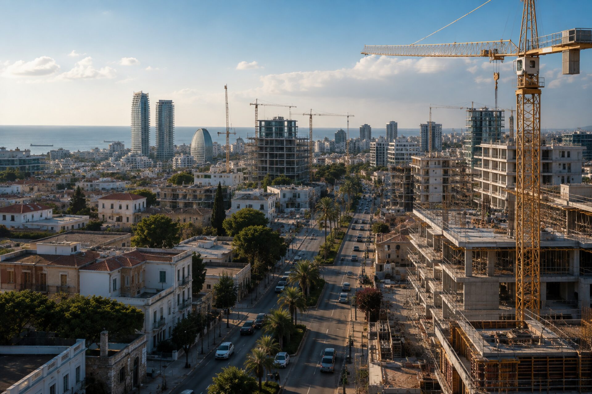 Limassol's seafront seen from above, cranes standing over towers under construction along the shore