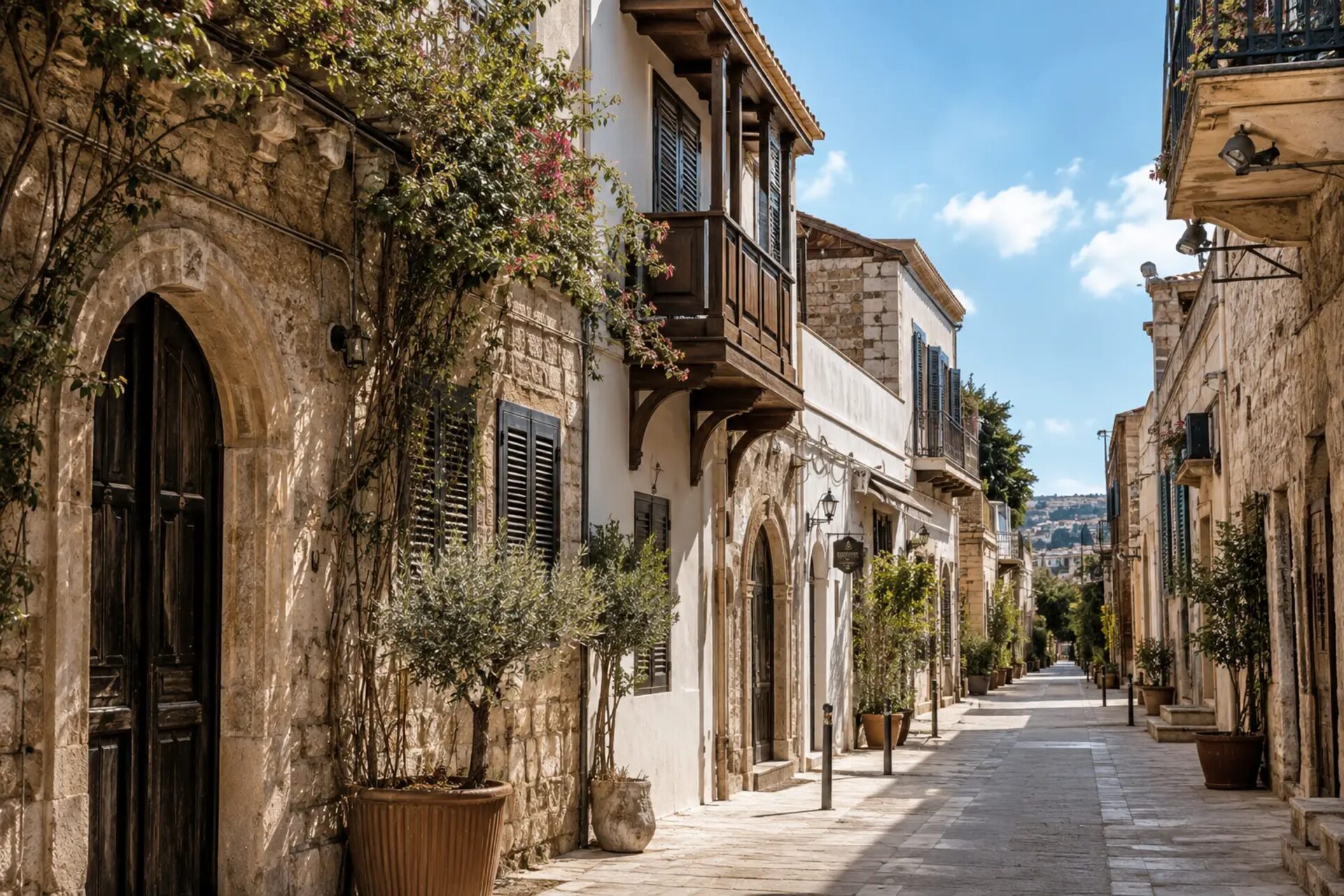 A narrow stone-paved street in the old town of Limassol, shuttered façades and balconies above